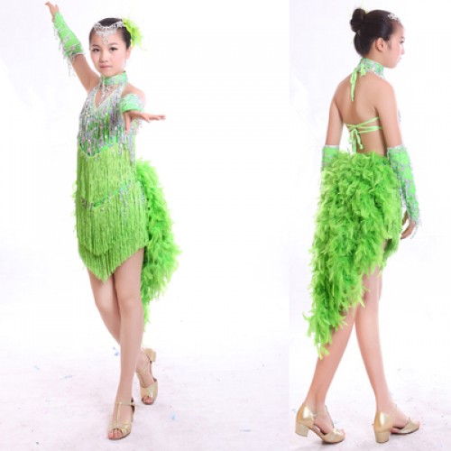 Feather latin dresses girl's kids children royal blue hot pink green competition ballroom latin salsa fringes sequined dance dresses